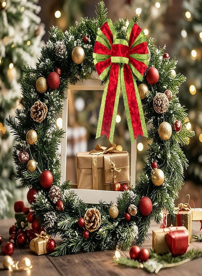 Blinket 2 PCS Christmas Bow for Wreath, Red Velvet & Glitter Green Stripe Decor Bow for Wreath, Wired Craft Bows for New Year Party Christmas Tree Topper Decor Home Indoor Outdoor Ornament Supplies - Image 3